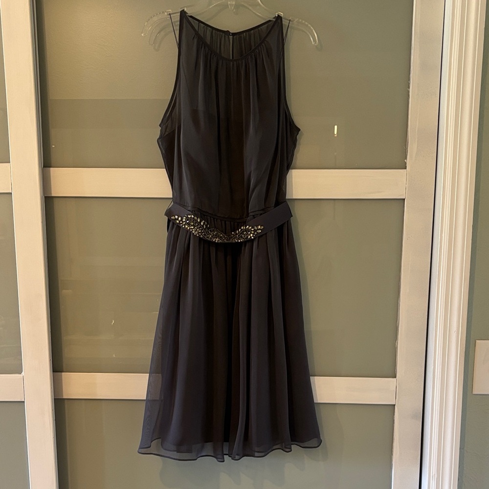 Adrianna Papell Lavender Sleeveless Chiffon Midi Dress with Beaded Tie Waist